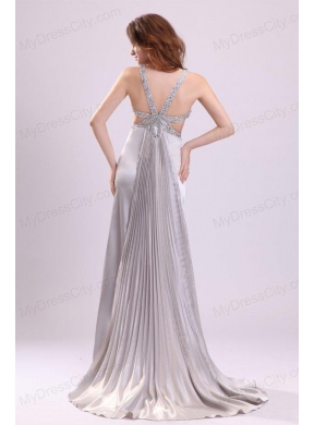 Sexy Column V neck Grey Watteau Train Beading Elastic Woven Satin Prom Dress with Criss Cross