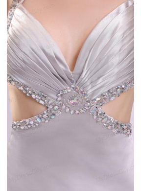 Sexy Column V neck Grey Watteau Train Beading Elastic Woven Satin Prom Dress with Criss Cross