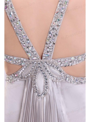 Sexy Column V neck Grey Watteau Train Beading Elastic Woven Satin Prom Dress with Criss Cross