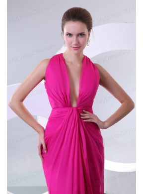 Sexy Fuchsia Column V-neck Criss-cross Prom Dress with Ruche