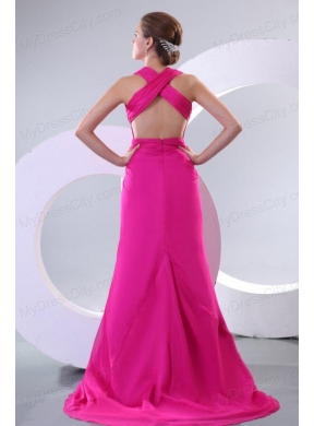 Sexy Fuchsia Column V-neck Criss-cross Prom Dress with Ruche