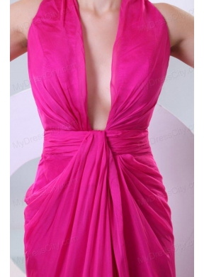 Sexy Fuchsia Column V-neck Criss-cross Prom Dress with Ruche