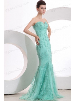 Sexy Mermaid Sweetheart Apple Green Embroidery Prom Dress with Tulle Brush Train