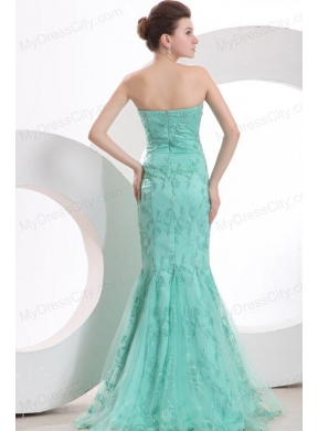 Sexy Mermaid Sweetheart Apple Green Embroidery Prom Dress with Tulle Brush Train