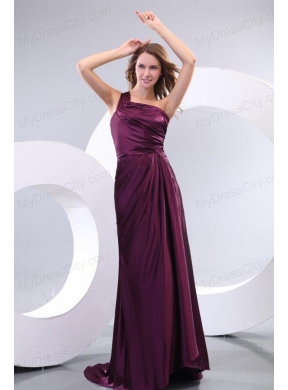 Simple Column One Shoulder Brush Train Taffeta Prom Dress with Ruching