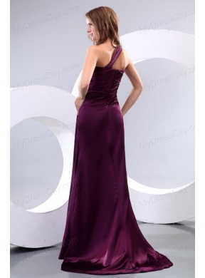 Simple Column One Shoulder Brush Train Taffeta Prom Dress with Ruching