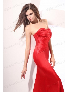 Simple Red Column Sweetheart Ruching Satin Long Prom Dress