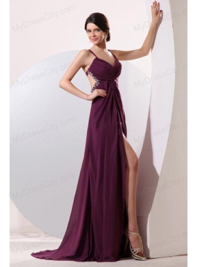 Straps Chiffon Beading and High Silt Prom Dress with Criss-cross Back