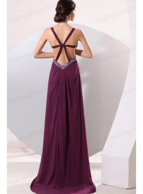 Straps Chiffon Beading and High Silt Prom Dress with Criss-cross Back