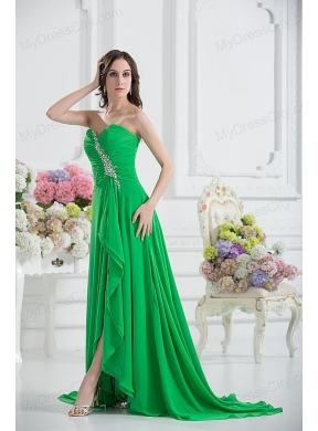 Sweetheart High Slit Beading Spring Green Prom Dress with Ruching