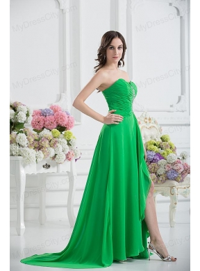 Sweetheart High Slit Beading Spring Green Prom Dress with Ruching