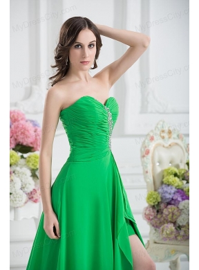 Sweetheart High Slit Beading Spring Green Prom Dress with Ruching