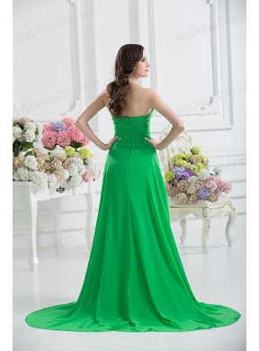 Sweetheart High Slit Beading Spring Green Prom Dress with Ruching