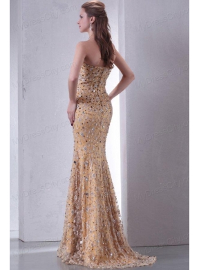 Unique Brush Train Column Prom Dress with Lace and Beading