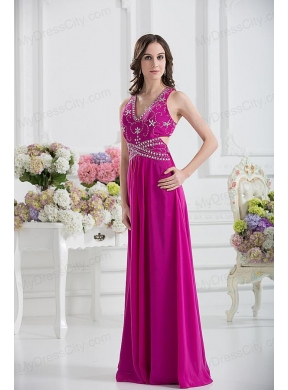 V-neck Empire Floor-length Prom Dress in Fuchsia with Appliques