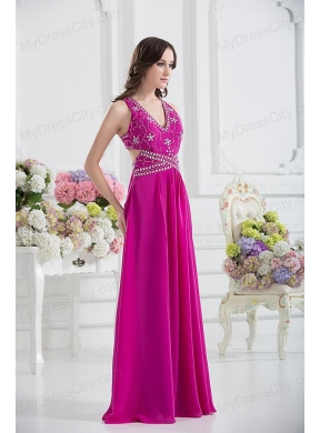 V-neck Empire Floor-length Prom Dress in Fuchsia with Appliques