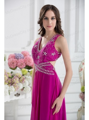 V-neck Empire Floor-length Prom Dress in Fuchsia with Appliques