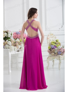 V-neck Empire Floor-length Prom Dress in Fuchsia with Appliques