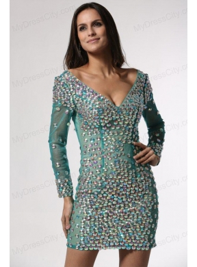 V-neck Long Sleeves Turquoise Short Prom Dress with Beading