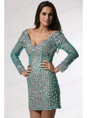 V-neck Long Sleeves Turquoise Short Prom Dress with Beading