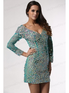 V-neck Long Sleeves Turquoise Short Prom Dress with Beading