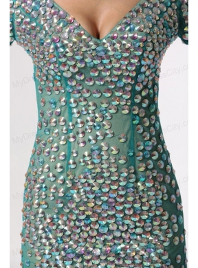 V-neck Long Sleeves Turquoise Short Prom Dress with Beading