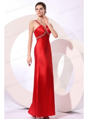 Wine Red Column Straps Beading and Ruching Prom Dress