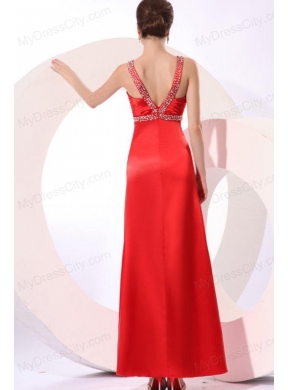 Wine Red Column Straps Beading and Ruching Prom Dress