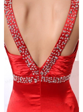 Wine Red Column Straps Beading and Ruching Prom Dress