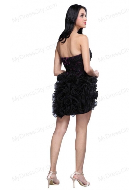 A-line Black Sweetheart Ruching Hand Made Flowers Mini-length Prom Dress