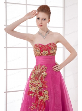 A-line Chiffon Floor-length Hot Pink Appliques Belt Prom Dress