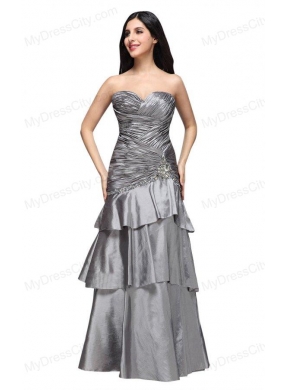 A-line Gray Sweetheart Appliques and Ruching Ruffled Layers Prom Dress