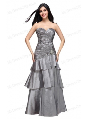 A-line Gray Sweetheart Appliques and Ruching Ruffled Layers Prom Dress