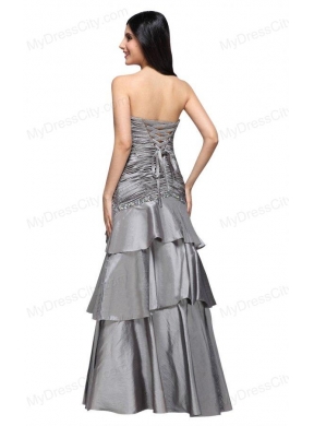 A-line Gray Sweetheart Appliques and Ruching Ruffled Layers Prom Dress