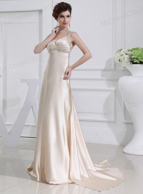 A-line  Halter Top Floor-length Beading Elastic Woven Satin Prom Dress