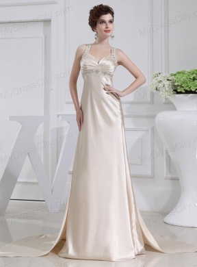 A-line  Halter Top Floor-length Beading Elastic Woven Satin Prom Dress