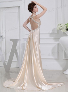 A-line  Halter Top Floor-length Beading Elastic Woven Satin Prom Dress