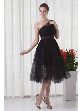 A-line One Shoulder Black Tulle Tea-length 2014 Prom Dress