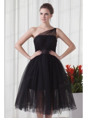 A-line One Shoulder Black Tulle Tea-length 2014 Prom Dress