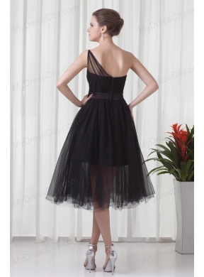 A-line One Shoulder Black Tulle Tea-length 2014 Prom Dress