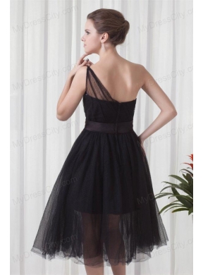 A-line One Shoulder Black Tulle Tea-length 2014 Prom Dress