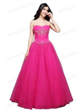 A-line Strapless  Hot Pink Appliques Organza Beading Prom Dress