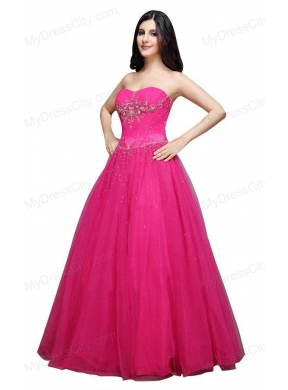 A-line Strapless  Hot Pink Appliques Organza Beading Prom Dress