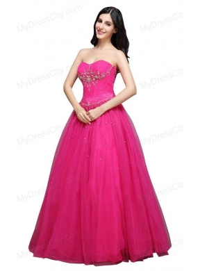 A-line Strapless  Hot Pink Appliques Organza Beading Prom Dress