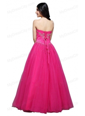 A-line Strapless  Hot Pink Appliques Organza Beading Prom Dress