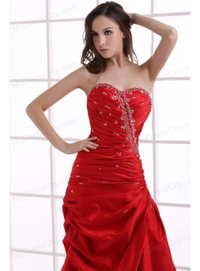 A-line Wine Red Sweetheart Beading and Pick-ups Ruching Prom Dress