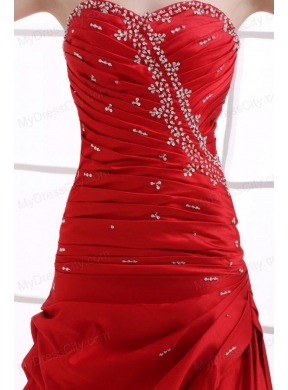 A-line Wine Red Sweetheart Beading and Pick-ups Ruching Prom Dress