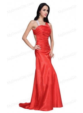 Asymmetrical Column Red Ruche Prom Dress with Sweep Train