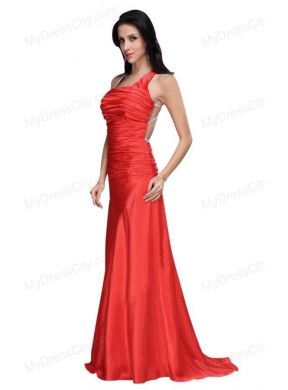 Asymmetrical Column Red Ruche Prom Dress with Sweep Train