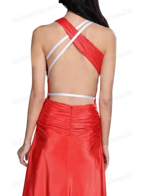 Asymmetrical Column Red Ruche Prom Dress with Sweep Train